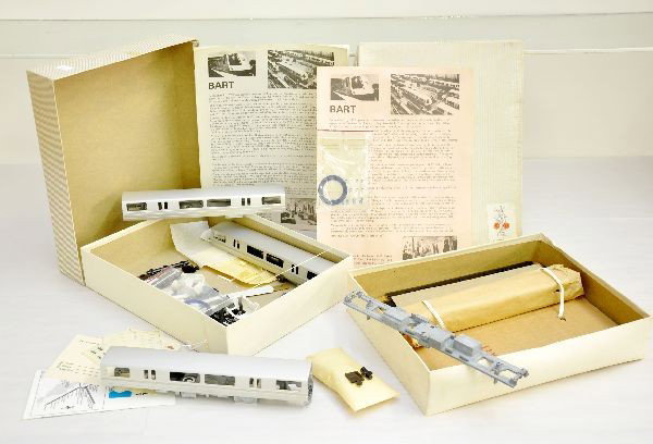 Boxed Athearn BART Commuter Train: HO Gauge; 3-car powered ABA Set, 22" radius; Plus a boxed unpowered B Car kit, all factory unbuilt, instructions and worn boxes, C9+