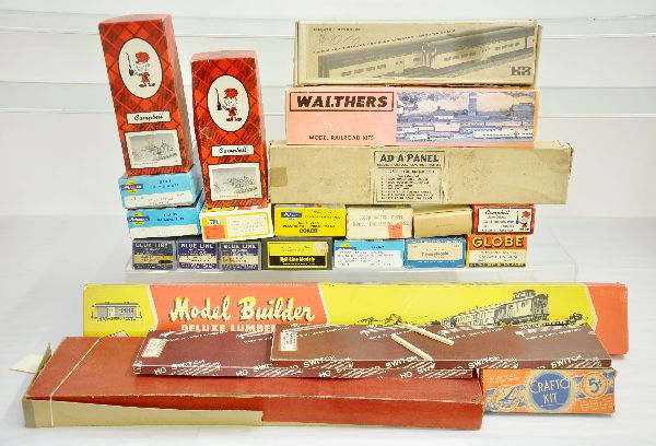 Boxed Vintage HO Lot: Mixture of rolling stock & accessories by Athearn; Ideal; Campbell; Blue Line; Globe & others, most are unbuilt kits, some boxes are worn. View photos closely.