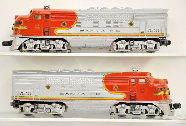 Lionel 2343 SF F3 AA Diesels: Decals worn at door guides, but has all original porthole lenses. Shows moderate playwear, but should clean up nicely, C6+