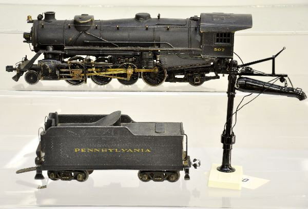 O Scale PRR 2-8-2 Steam Loco: 2-rail ScaleCraft painted & decaled die cast, nicely detailed showing moderate paint wear, C6 Also includes an MTH water column, C8+