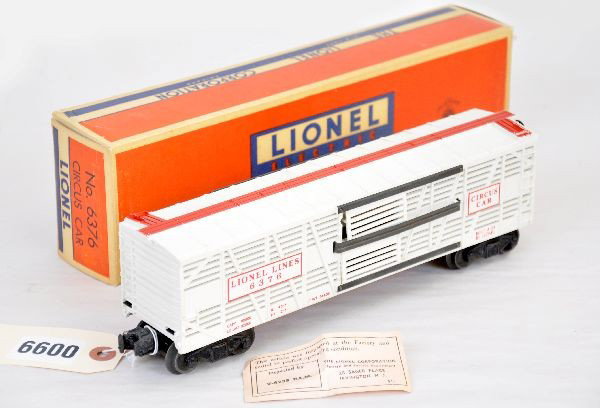 Mint Boxed Lionel 6376 Circus Car: Clean with super catwalk paint & lettering, unrun, crisp ob with price stamped, C9