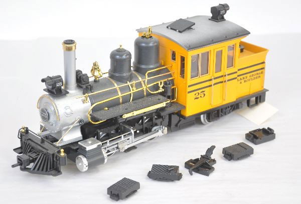 LGB LG&B Steam Tank Loco: 0-2-2 loco with sounds, has 1 loose front coupler & comes with 4 sound magnets. Shows light playwear, should clean to C7+-8