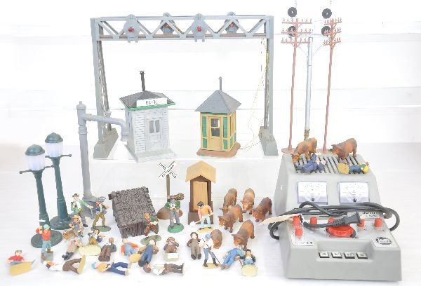 LGB G Gauge Accessory Lot: Includes #50101 Jumbo transformer & 11 accessories, signal bridge missing 2 light shades. Plus a selection of figures & animals for your layout. All show light playwear and should clean up to C7-8. Tr