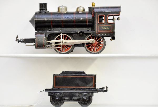 Bing 3548 Steam Locomotive: Gauge 1, circa 1930's, clockwork steam loco, untested with wind cutter cab, 4 wheel tender, clean litho. Shows light to moderate playwear, C7