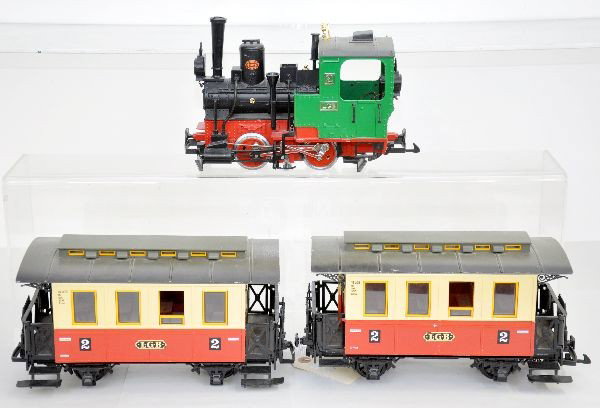3 Pc. LGB Passenger Set: G Gauge. #2 Steam Switcher, missing some trim with 2 2nd class coaches, otherwise clean, showing light to moderate playwear, C7 ish