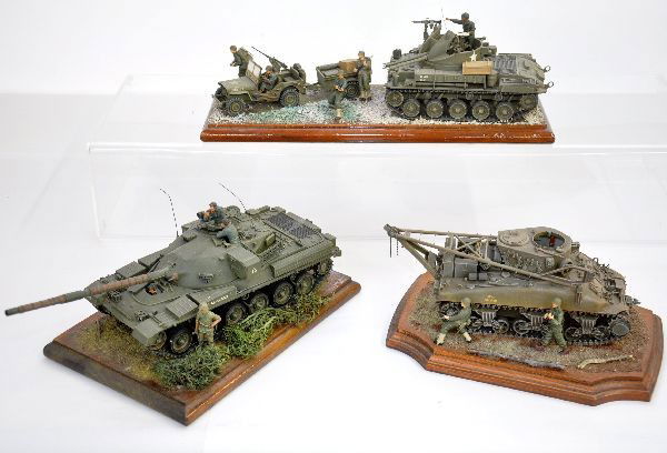3 Nice US Military Dioramas: All professionally built plastic model kits that have been nicely detailed and mounted on display boards, largest is 14", some parts may need reattaching. They make great displays!