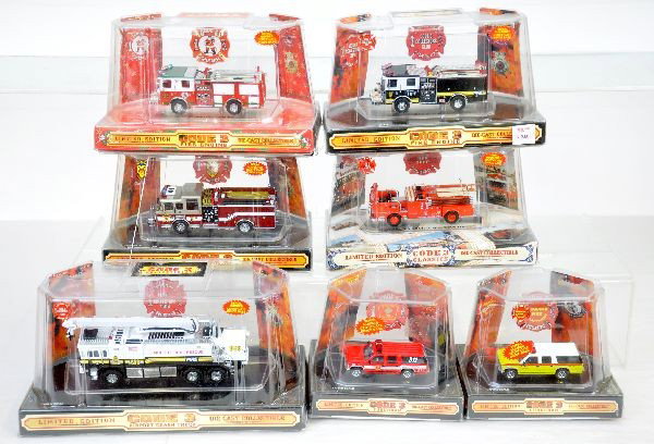 7 Boxed Code 3 Fire Trucks: Super detailed limited edition die cast vehicles, all mint in their boxes, C9-10