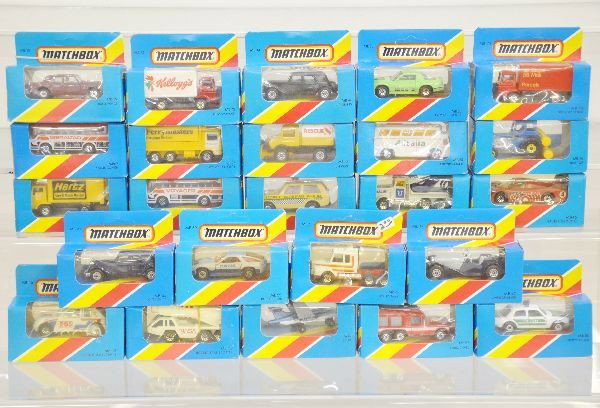 24 Boxed 1982 Matchbox Vehicles: Nice assortment with no duplicates, all sealed in their original boxes, C10