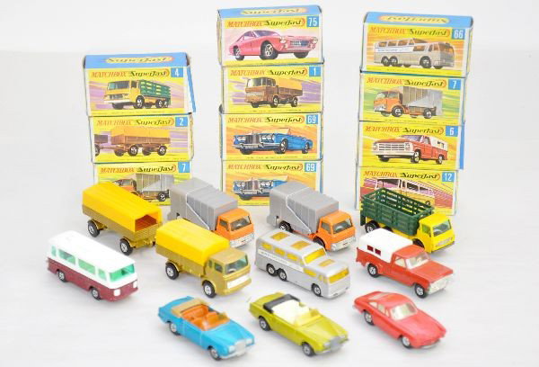 11 Boxed Matchbox Early Superfast Vehicles: The 66 Bus shows some light wear (C8-), otherwise all are like new in original boxes, C9