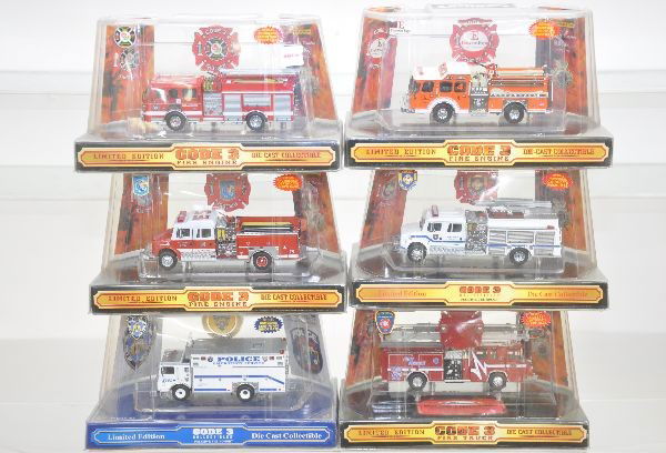 6 Boxed Code 3 Fire Trucks: All super detailed die cast models, new in their boxes, C9-10