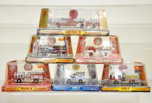 6 Boxed Code 3 Fire trucks: All super detailed die cast models, new in their boxes, C9-10