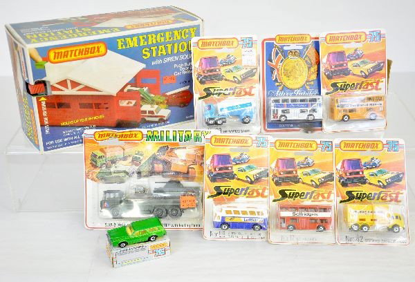 9 Mint Matchbox Vehicles, Plus: All circa 1975-6 including a scarce MM-2 Armored Transporter in a worn card, plus 7 additional vehicles and a 587902 Emergency Station, all otherwise like new, C9-10