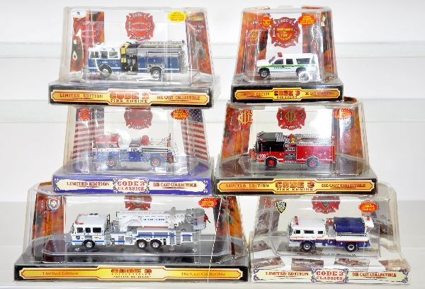 6 Boxed Code 3 Fire Trucks: All super detailed die cast models, new in their boxes, C9-10