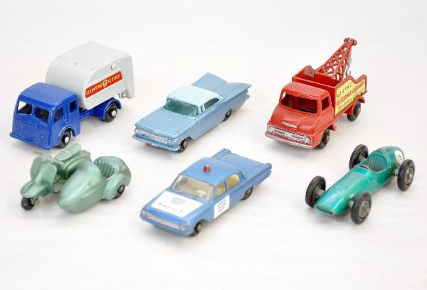 6 Early Matchbox Vehicles: Includes 55 Police; 19 Aston, no driver, C7-; 57 Impala; 36 Lamberts; 13 wrecker & 15 Refuse, Otherwise all show light playwear, C8