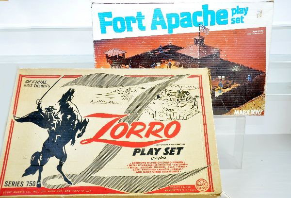 Boxed Marx Zorro & Fort apache Playsets: Both are filled with pieces, but neither are complete. Examine photos or call for more information. (203 730-1404). Both have nice original boxes, C7-7+