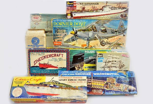8 Early Boat & Plane Model Kits: Assorted kits by Graupner, Aurora, Renwal & others. All appear unassembled and complete, but not guaranteed to be, all have worn boxes.