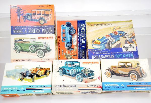 7 Boxed Hubley Diecast Model Kits: Includes Indy Racer; Model A Coupe, Station Wagon, Victoria, Pick-up & Town sedan; 1932 Chevy Coupe & Phaeton. All appear complete & unassembled, but are not guaranteed, all have original boxes, some