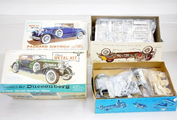 4 Hubley Die Cast Model Kits: These were the toughest to build kits. Includes the SJ Duesenberg Limo & Sedan; Packard Dietrich & Sport Phaeton. All appear complete & unassembled, but are not guaranteed, all have original boxes