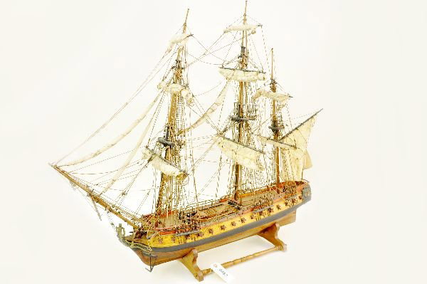 Fantastic Wood Saling Ship: This museum quality ship is all wood and 39" long. And stands 36" to the top of the center mast. It sports a fleur de Lis flag on its stern. The details are unbelievable with all the rigging, pulleys 