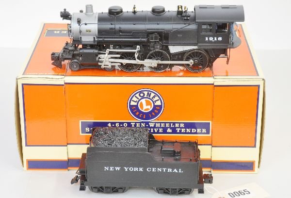 Lionel 28098 10-Wheeler Locomotive: Railsounds, with added fireman figure, tender has been nicely modified with extended coal bunker, unrun with cut-down box, otherwise C8