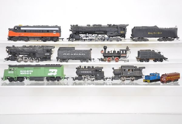 13 Pc HO & N Gauge Group: Assorted HO steam & diesels by Rivarossi, , Athearn, Tyco & others, plus 2 N gauge Lima diesels, all show moderate playwear, C6-7