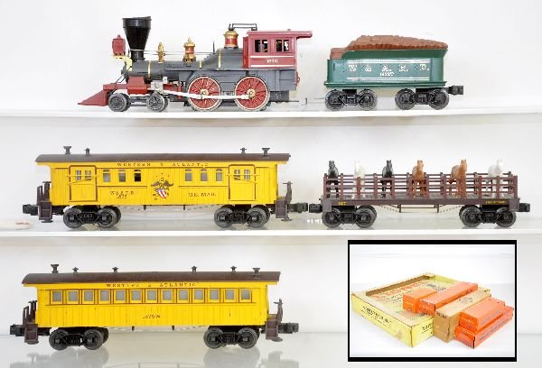 Boxed Lionel Set 2528WS: Super O General Set, includes an 1872 General loco, missing part of whistle; 1872T Tender; 1877 Flat with horses; 1876 Baggage; 1875W Whistling Coach, but the frames in the cars were switched so you w