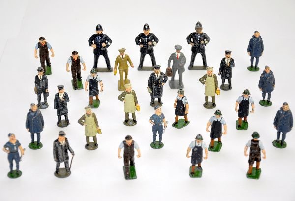 28 Civilian Figures: Mixture of Britains and John Hill, all show light to moderate playwear, grade range C5-8, so examine photos closely.