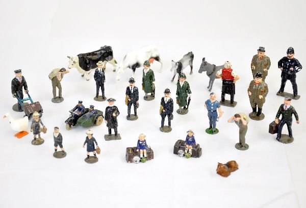 Large Group of English Figures: 25 plus figures, mostly John Hill with a few Timpco and a nice prewar Dinky motorcycle & side car. Grade ranges from C6-C8, so examine photos closely.