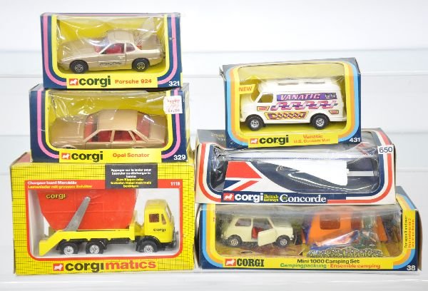 6 Boxed Corgi Vehicles: 1119 Mercedes Loadlugger; 329 Opel; 431 Custom van; 321 Porsche 924; 650 Concorde; GS38 Mini Camping Set, all have slightly worn obs, cars are C9