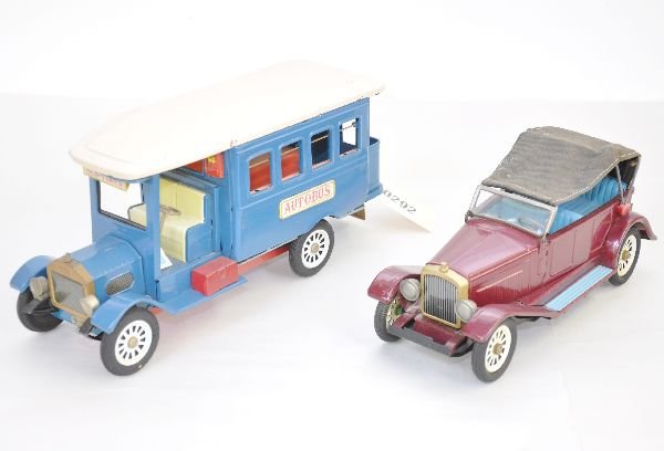2 Old Timer Cars: Cragstan Autobus, 12" long; Packard convertible, both show light playwear and should clean to C8