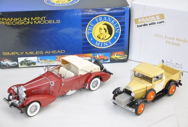 2 Franklin Mint 1:24 1930s Vehicles: Includes a 1933 Duesenberg J Victoria; 1931 Ford Model A pick-up. Both show fantastic detailing, are like new and have their original boxes, C9