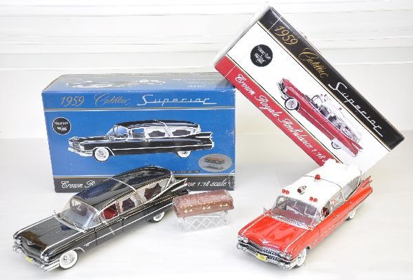 2 1:18 Precision 1959 Cadillacs: Both are fantastic die cast scale models, 1 is an ambulance, the other a hearse with casket & gurney, both are 14" long and are like new with their original boxes, C9+