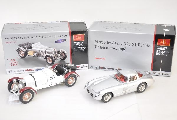 Two CMC 1:18 Mercedes-Benz Cars: Both are high quality die cast models. First is the 1955 -300 SLR Gulwing coupe; next is the 1931 SSKL Mille Miglia, 10" long. Both are like new with their original boxes, C9+