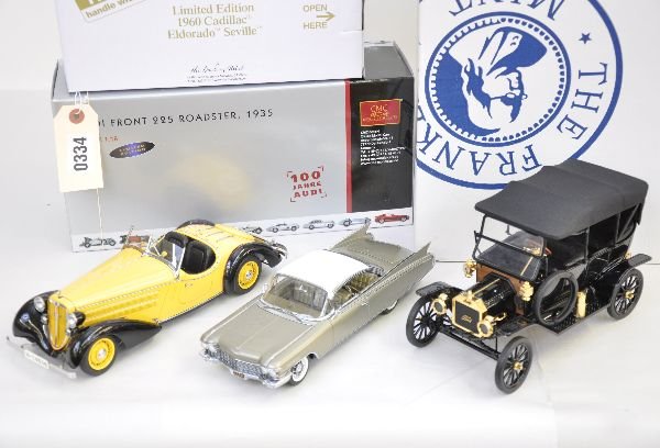 3 Scale Die cast Vehicles: Super detailed die cast models. CMC 1:18 Audi 1935 Front 225 roadster; Franklin Mint 1:18 Ford Model T Phaeton; Danbury Mint 1:24 1960 Cadillac Eldorado Seville, all are like new with their original b
