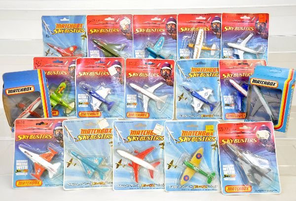 17 Carded Matchbox Sky-Busters Airplanes: 16 different with I duplicate, all sealed on cards, C10, cards could use a cleaning from being on display. Examine photos closely, or call for more information, 203 730-1404.