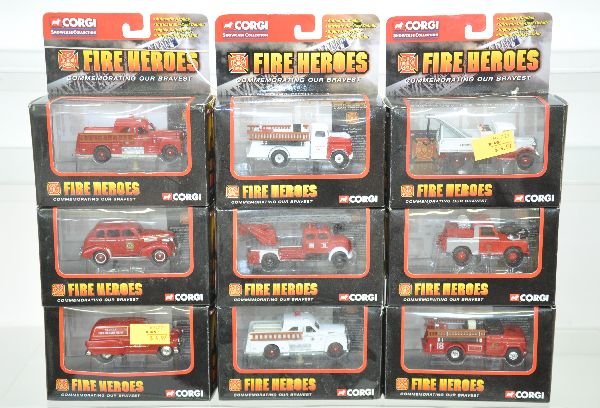9 Boxed Corgi Fire Trucks: From the 2004 Fire Hero series, all different & all new in boxes, C9+-10. Examine photos closely, or call for more information, 203 730-1404.