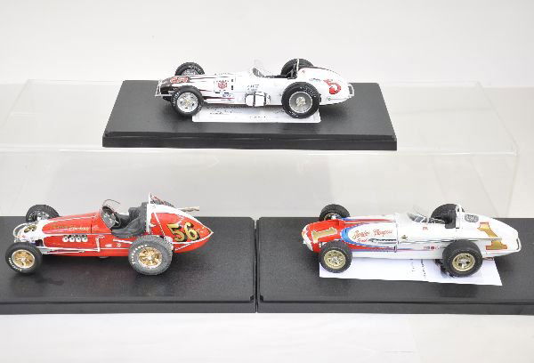 3 Scale 1:18 Racers: Highly detailed diecast models, including Carousel Laydown Roadster, steering wheel loose & Thomson Special Indy Racer; GMP Sterling Plumbing #56, Dirt Racer, otherwise all like new with AMT plastic d