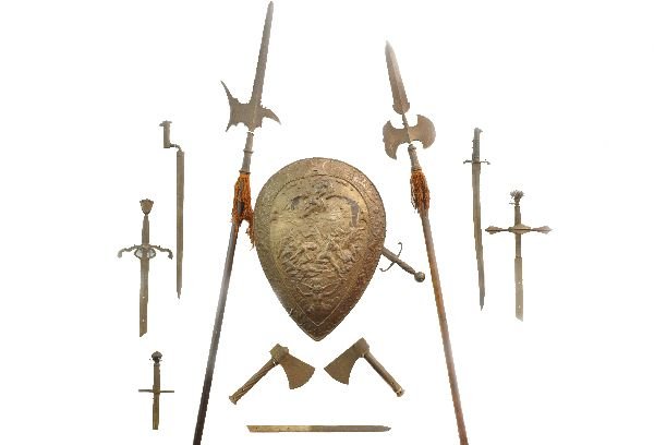 Early New York Theater Props: These artifacts were saved from the demolition of a Manhattan theatre. Included are a selection of weapons, some from medieval periods, up to a WWI style sword & bayonet. Spears are 7' long. The shiel