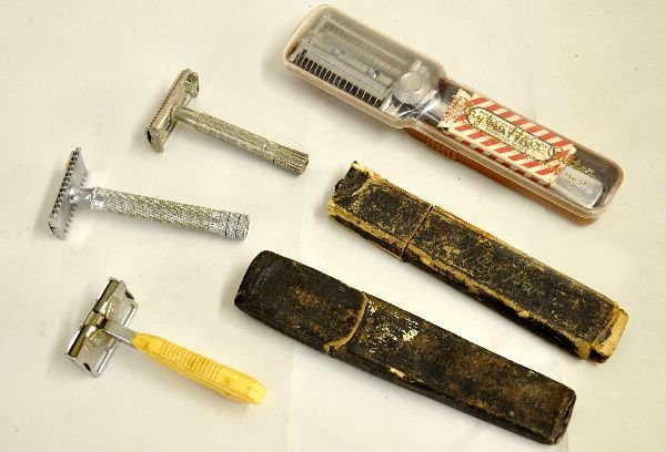 Vintage Razor Group: Playtex boxed hair cutter with extra blades; Sextoblade, straight blade, no blade; Robert Kelley blade in worn box; 3 Gillette razors, all show signs of use and age. Examine photos closely, or call fo