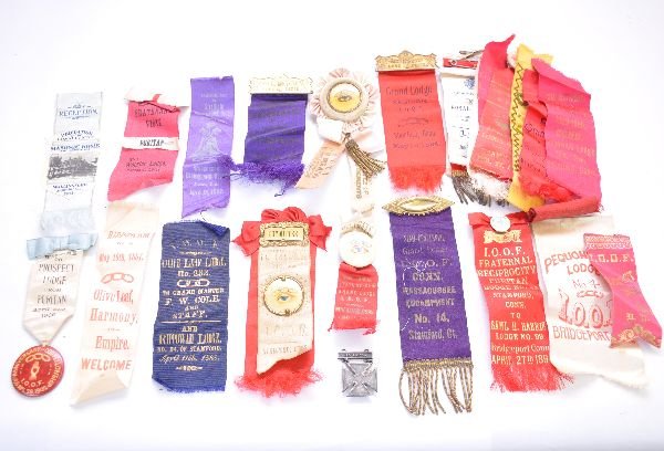 20 Plus Mostly 1800s Lodge Pins & Ribbons: Wonderful group of Connecticut Fraternal pieces, highlights include 1902 Prospect Lodge; 1889 Grand Lodge, Hartford; 11896 I.O.O.F. Stamford; Dedication of the Masonic Home, Wallingford and many other
