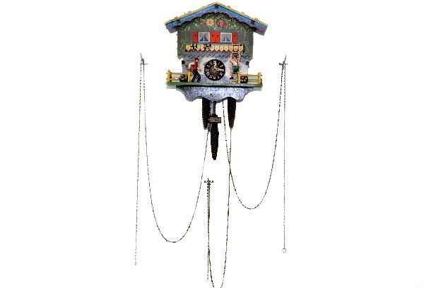 German Coo-Coo Clock: Circa 1950s, 12x10x8", very colorful with 2 animations, figure raises pitchfork as bird appears and man climbs ladder as woman appears. 8-day wind, consignor reported it to have been functional as of 