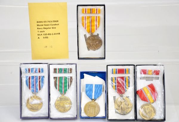 8 US Military Medals: Include National Defense; WWII; Asiatic/Pacific Campaign; American Campaign; European African Middle Eastern Campaign; Korean service; China Service & Good Conduct, Navy, all are like new with packagi