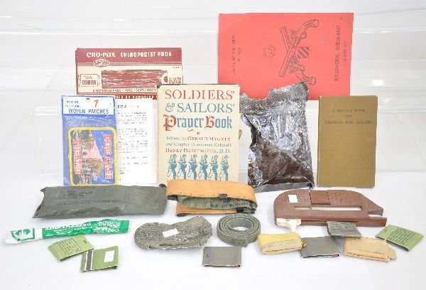 Interesting Group Of WWII Military Items: Includes medical items, cigarette maker; helmet liner; 2 Prayer Books; match books, and others. Show signs of use and age. Examine photos closely, or call for more information, 203 730-1404