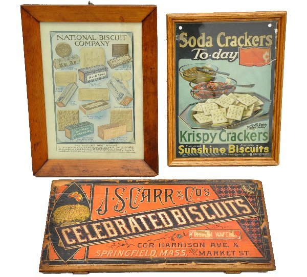 3 Biscuit & Cracker Signs: 11 X 15" frames, Sunshine Biscuits To-Day Soda Crackers sign, cardboard, shows some wear; 12 1/2 X 16 1/2" National Biscuit Co. (NABISCO) framed ad; 10 1/2 X 20" JS Carr & Sons Biscuit Sign, bright co