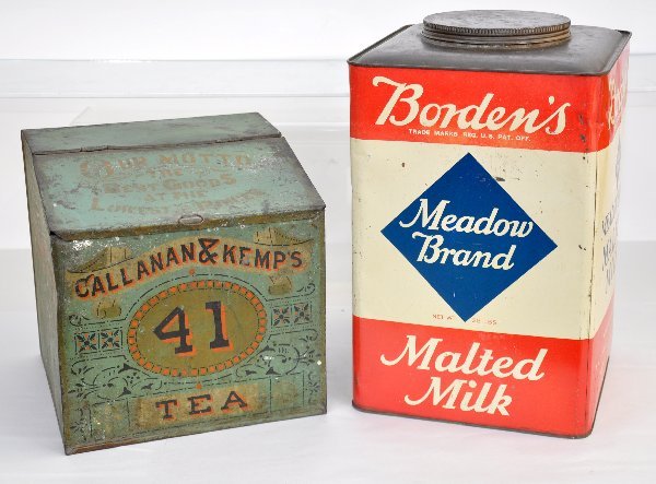 2 Vintage Tins: Callanan & Kemp's 41 Tea, 10 X 10 X 10" with slanted hinged top; Borden's Meadow Brand Malted Milk, 10 X 14". Both show signs of use & age.