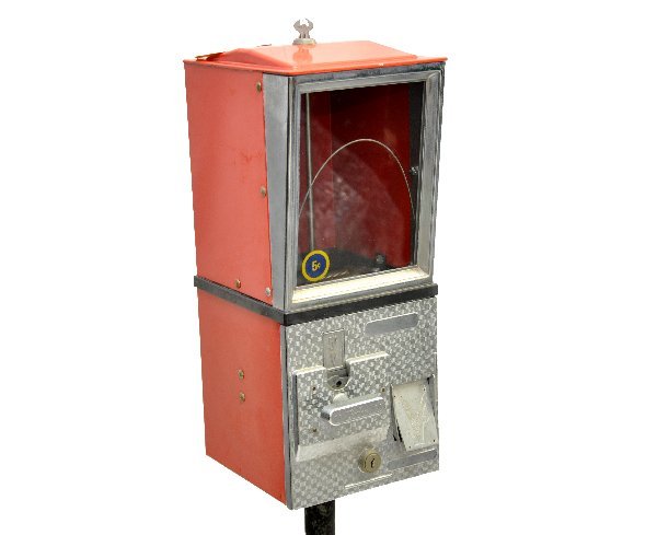 Vintage Victor Gum Ball Machine: Circa 1960s. 7 X 9 X 18" 5-cent machine on 28" pedestal. Functions with access key.