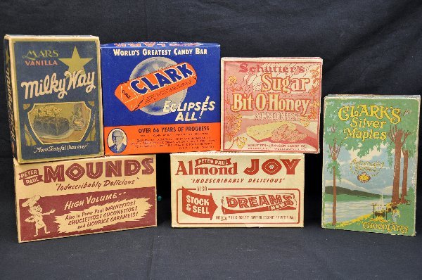 6 Vintage Candy Boxes: All clean & square, largest is 11 X 7 X 3", includes Milky Way, Mounds; Bit-O-Honey; Clark Almond Joy & Silver Maple Chocolates.