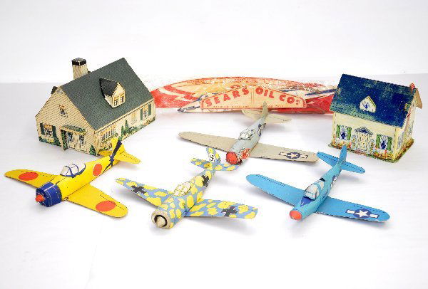 Group Vintage Candy Boxes & Premiums: Included are 2 Fanny Farmer cardboard candy box houses. Also 4 Shredded Wheat Jack Armstrong Paper airplanes & a Sears Oil Co. Balsa Plane in original cellophane wrap. Otherwise, all show signs of use