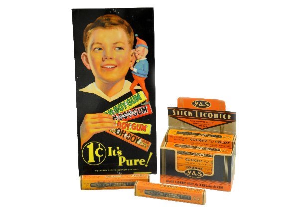 Gum Sign & Licorice Lot: Includes a 7 1/2 X 15 1/2" Oh Boy Gum enameled tin sign. Bottom marked HD Beech Co. Shows light wear, plus an original full case of Y&S Licorice with counter display box (not for consumption). .