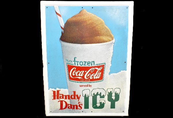 Handy Dans Coca-Cola Tin Sign: 30 X 40" self framed litho tin sign, 4-color 1-sided, shows some edge wear and needs a cleaning. First we've seen advertising Frozen Coke. Shows signs of use and age. .
